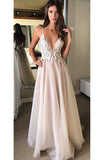 A-Line V-Neck Spaghetti Straps Backless Beads Appliques Organza Sleeveless Prom Dresses