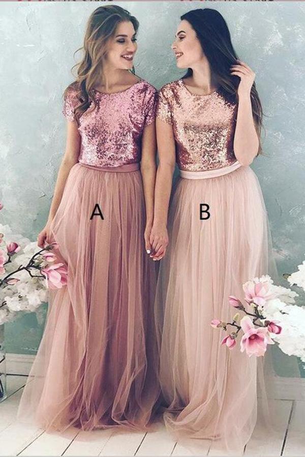 A Line Top Blush Sequin Lovely Two Piece Tulle Round Neck Cheap Bridesmaid Dresses