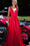 New A-Line Appliques Beads Floor Length Deep V-Neck Red Sexy Elegant Prom Dresses