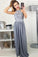 Charming A-Line Round Neck Split Front Grey Satin Sleeveless Prom Dresses with Lace