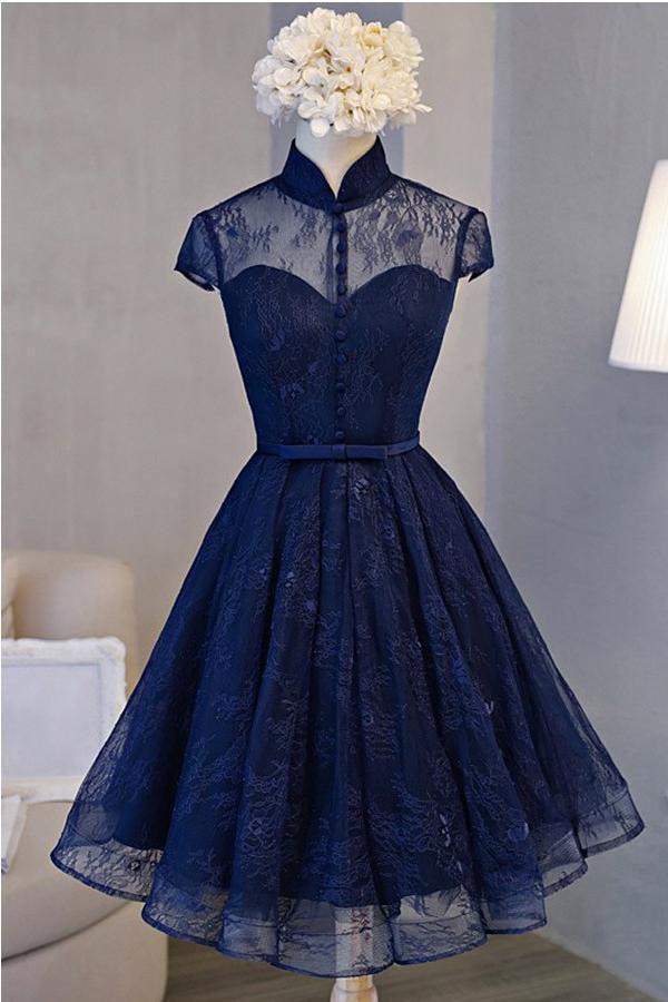 A Line Navy Blue Short High Neck Lace Open Back Cap Sleeve Mini Lace-up Homecoming Dresses