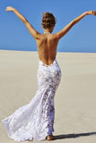 Beach Backless Sexy Mermaid Lace White Open Back Halter V-Neck Summer Wedding Dress