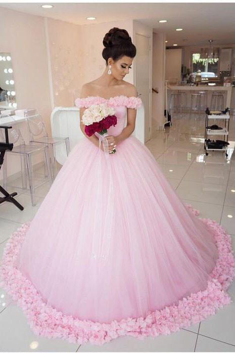 Pink Long Sleeveless Flowers Off the Shoulder Lace up Tulle Ball Gown Wedding Dresses