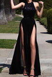 Elegant Hater Sexy High Side Slit Black Chiffon Sequins Long Prom Dresses