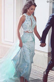 A-Line Two Pieces Sheath Round Neck Blue Tulle Prom Dresses with Lace Sequins Overskirt