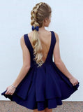 A Line Royal Blue V Neck Above Knee V Back Short Cute Mini Homecoming Dresses