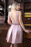 A-Line Crew Above-Knee Pink Satin Sleeveless Homecoming Dress with Appliques Beading