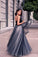 A-Line V-Neck Sleeveless Tulle Backless Navy Blue Floor Length Evening Prom Dresses