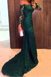 Mermaid Long Sleeves Lace Court Train Green Scoop Prom Dresses