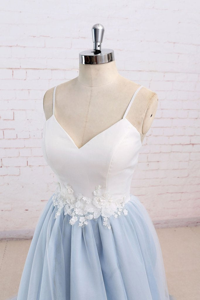 Simple A-Line Light Blue Sweetheart Spaghetti Straps Chic Blue Tulle Backless Prom Dresses