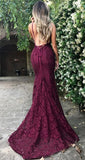 Amazing Lace Maroon V Neck Spaghetti Strap Long Lace Burgundy Prom Dresses