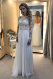 A-line Scoop Neck Chiffon Tulle Appliques Lace Long Sleeve Backless Prom Dresses