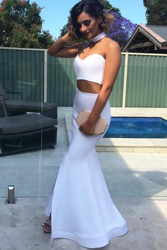 Sexy Two Piece Sweetheart Strapless Long White Satin Slit Mermaid Prom Dresses