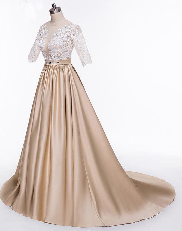 A-Line High Neck Beads Short Sleeve Lace Satin Evening Dress Prom Dresses