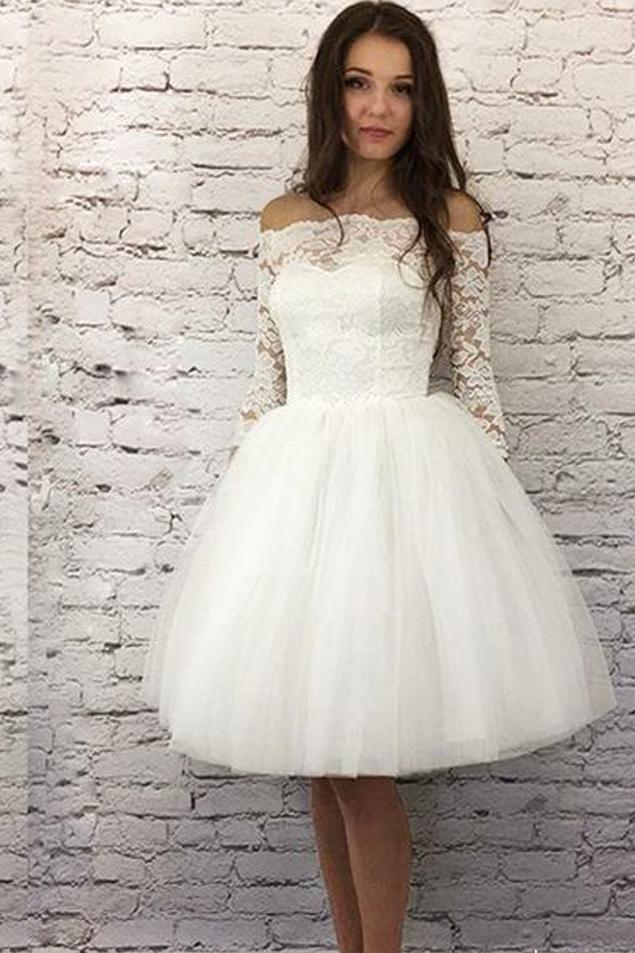 Chic Off the Shoulder Half Sleeves Ivory Lace Short Tulle Homecoming Dresses