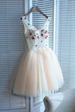 A line V Neck Seam Beads Appliques Tulle Lace up Pink Short Homecoming Dresses